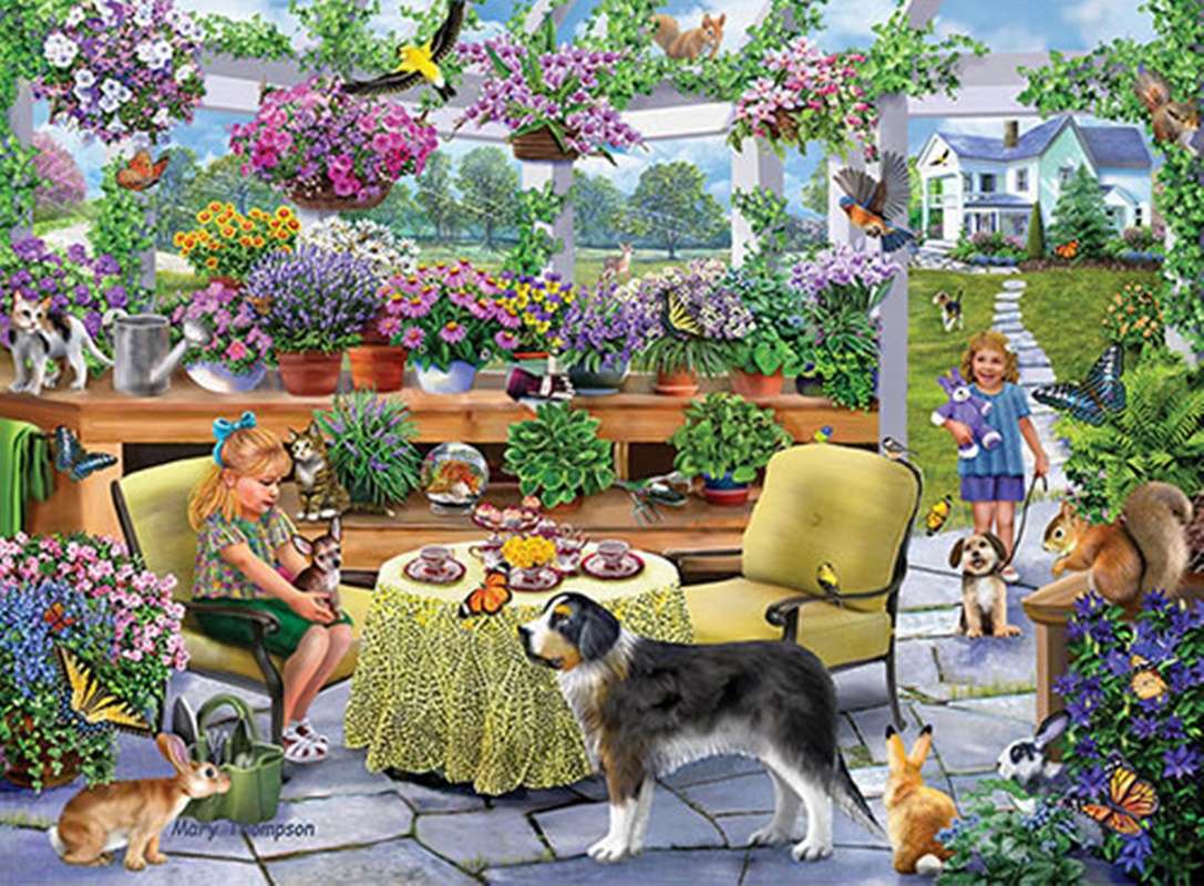 девушки в саду с домашними животными онлайн-пазл