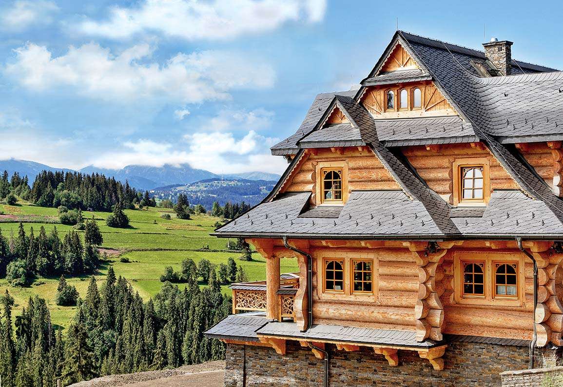 Vista de las montañas, casa de madera. rompecabezas en línea