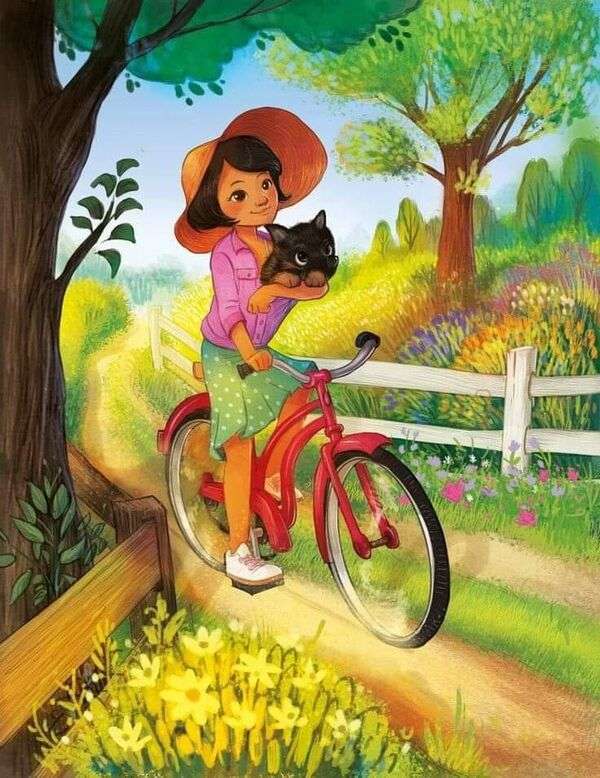Liten flicka på en cykel med sin kattunge Pussel online