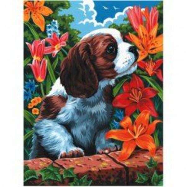 Lindo cachorrinho mordendo as flores puzzle online