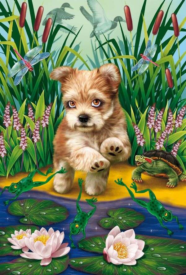 Puppy tries to catch the frogs jigsaw puzzle online