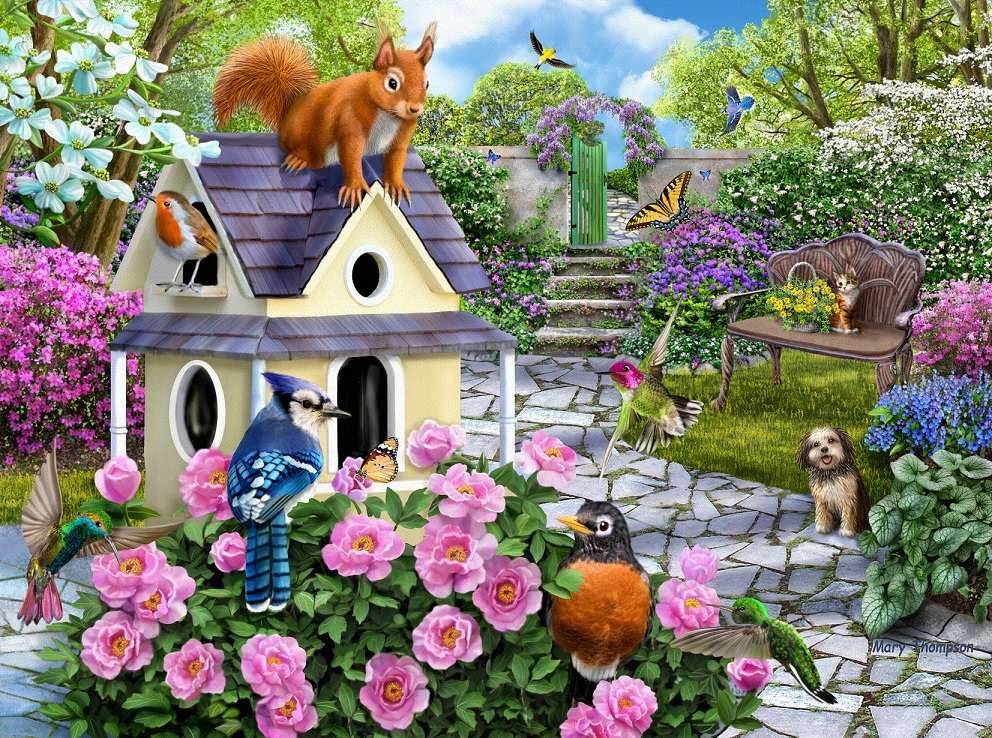 сад с домиком для птиц онлайн-пазл