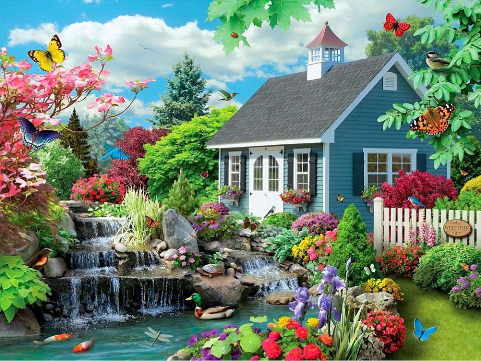 casă cu cascadă în grădină jigsaw puzzle online