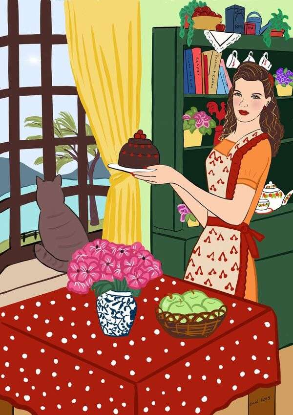 Dame mit Kuchen in der Hand Puzzlespiel online