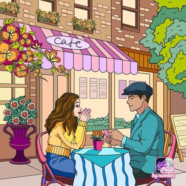 Verliebtes Paar in Cafeteria Nr. 47 Online-Puzzle