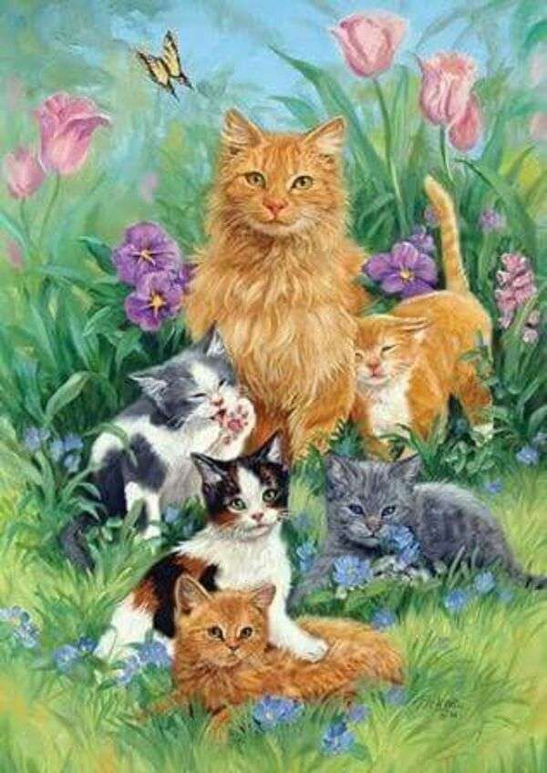 Zes prachtige kittens in de tuin legpuzzel online