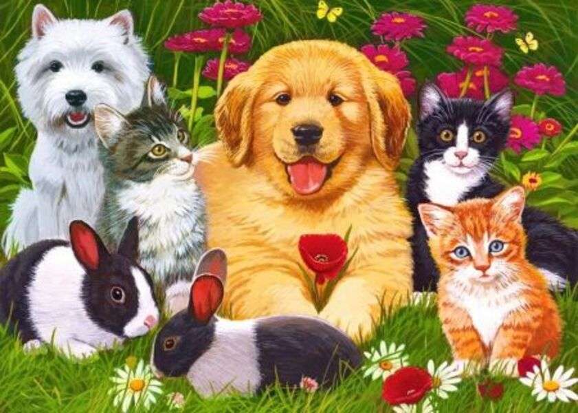 Кучета, котки и зайци в градината онлайн пъзел