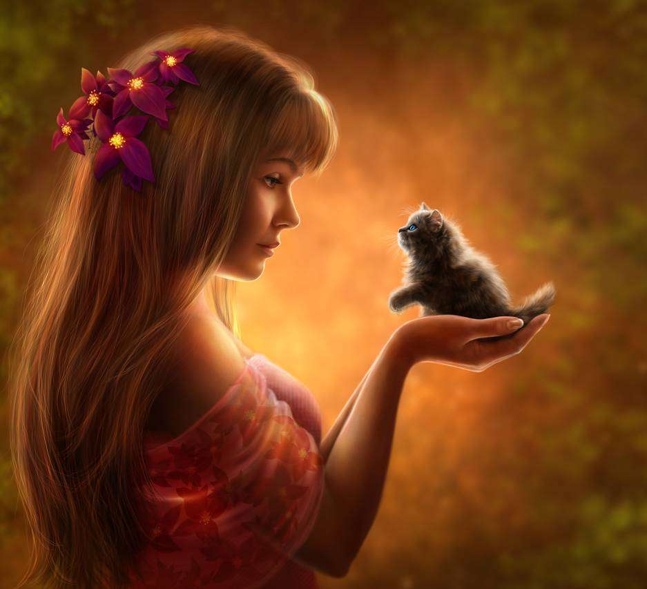 κορίτσι με ένα μικροσκοπικό γατάκι παζλ online
