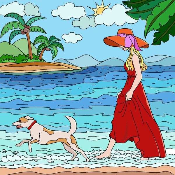 Лейди и нейното куче се разхождат по плажа онлайн пъзел