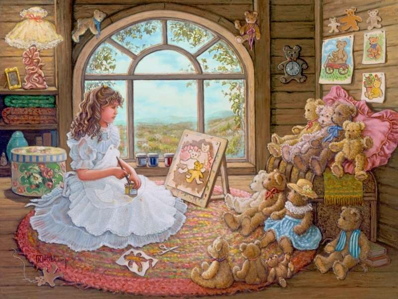 girl making a picture of her stuffed animals online puzzle