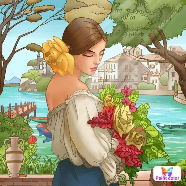 Lady carrying a bouquet of flowers online puzzle