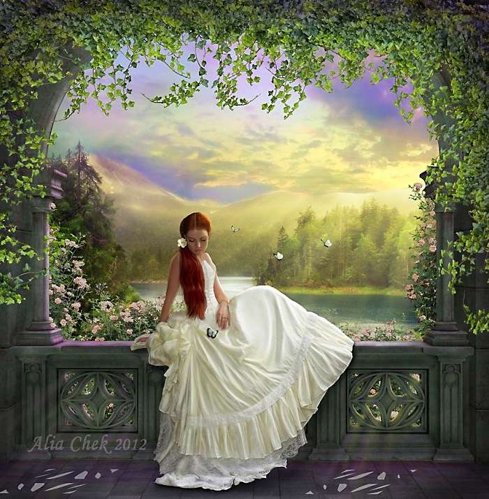 femeie în alb cu peisaj frumos puzzle online