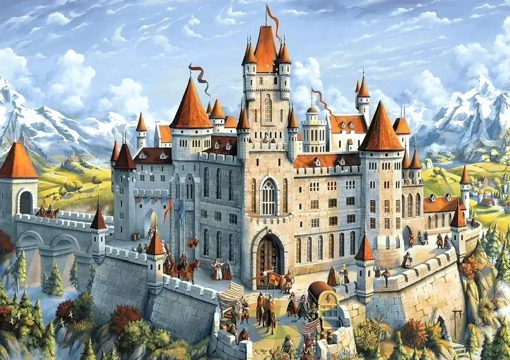 Um castelo em uma colina com uma peça de quebra-cabeça ao fundo.