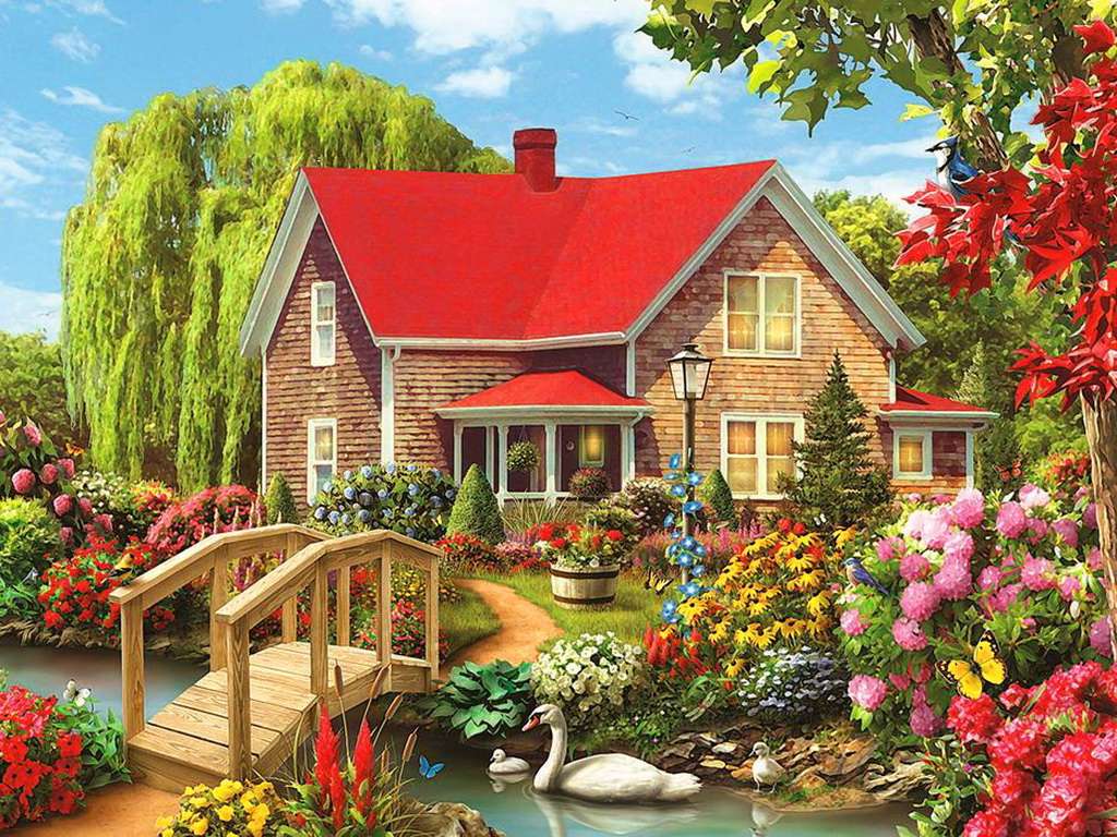 Rotes Dachhaus mit Brücke Puzzlespiel online