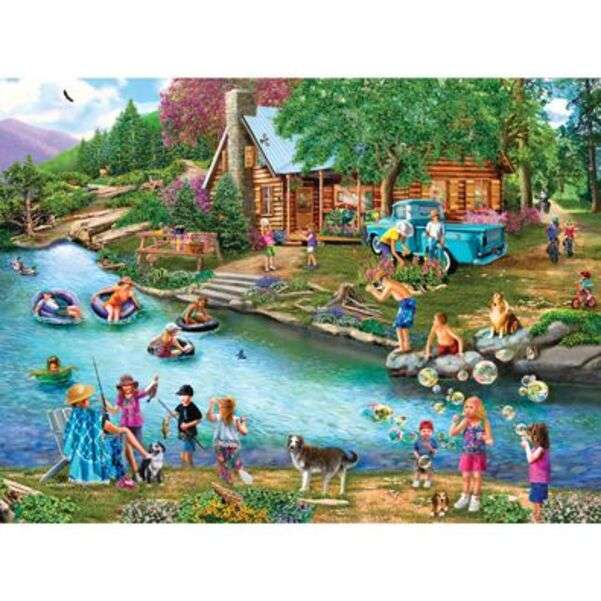 Large family and friends at lake online puzzle