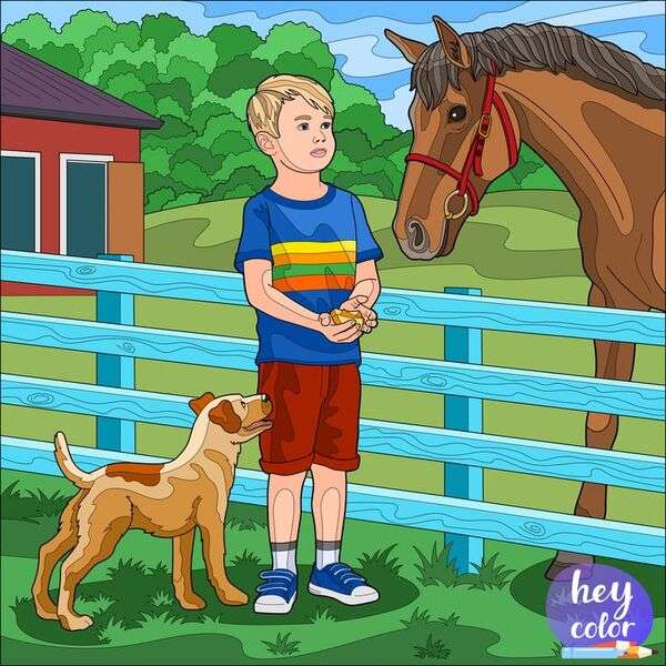 Хлопчик годує свого коня пазл онлайн