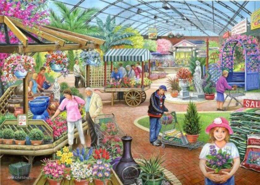 Az emberek faiskolában vásárolnak növényeket online puzzle