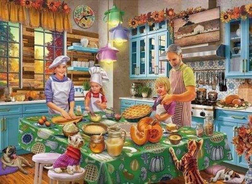 Η οικογένεια ετοιμάζει δείπνο για την Ημέρα των Ευχαριστιών παζλ online