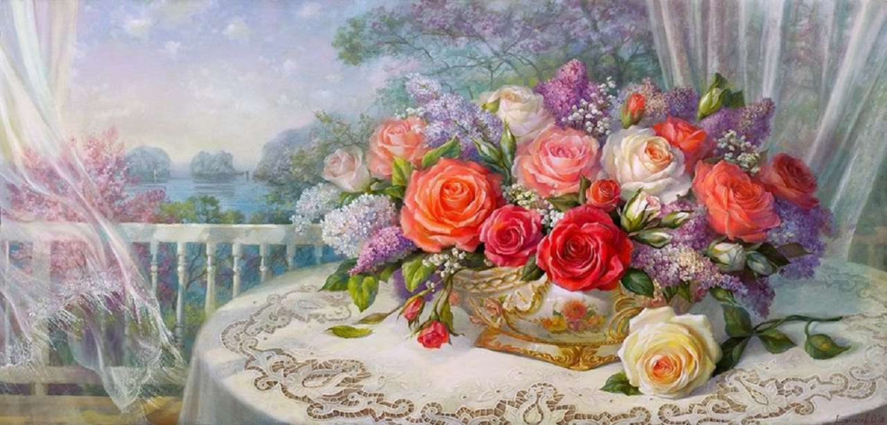 Rum med utsikt och blomsterarrangemang av rosor Pussel online
