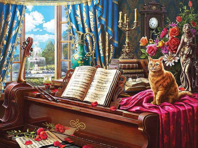 Gul kattunge på pianot Pussel online