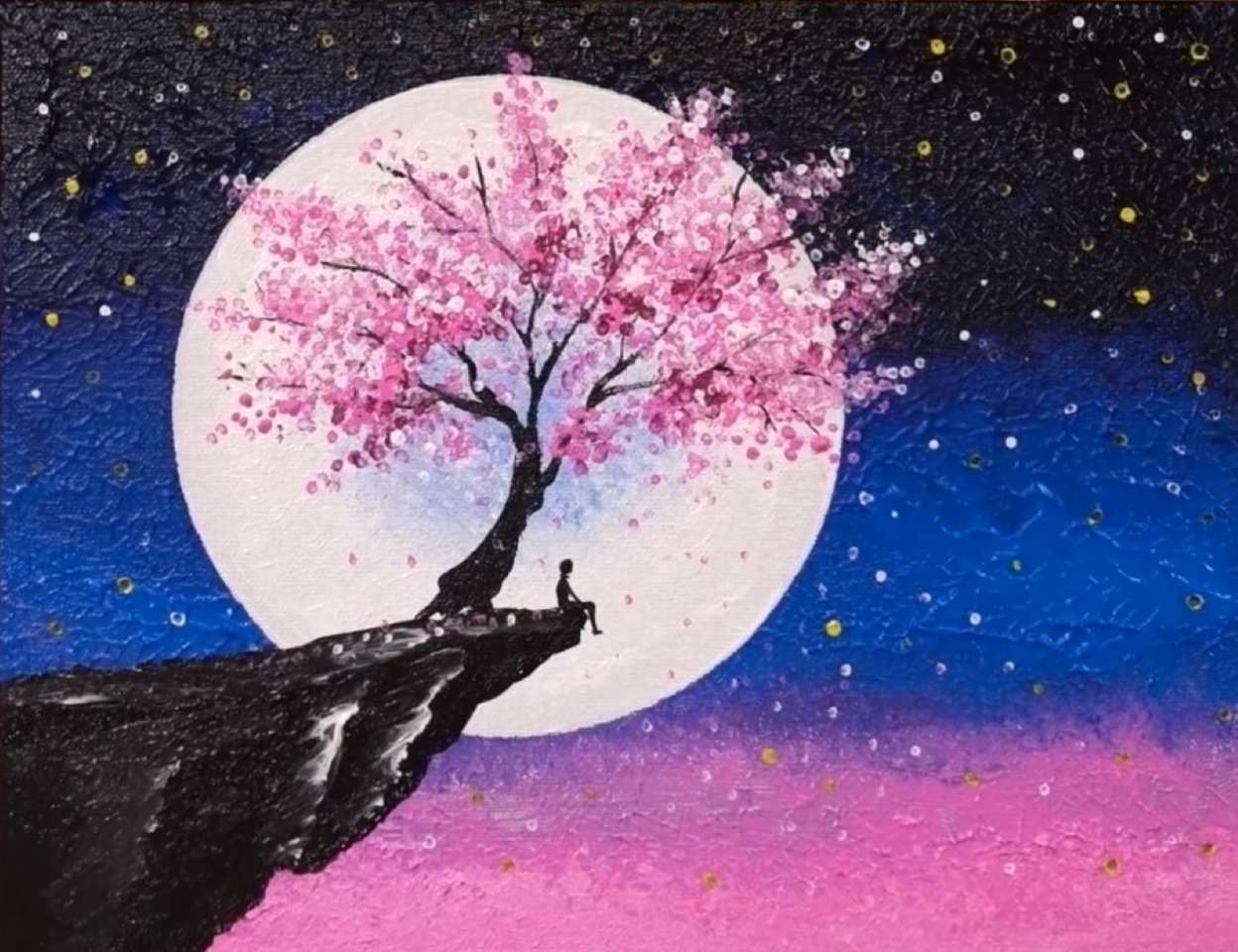 Körsbärsträdet blommar i månskenet pussel på nätet