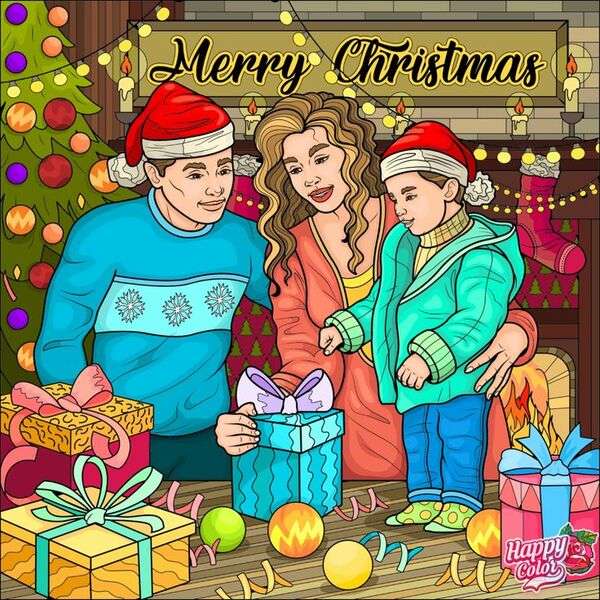 Familia abriendo regalos Navideños rompecabezas en línea