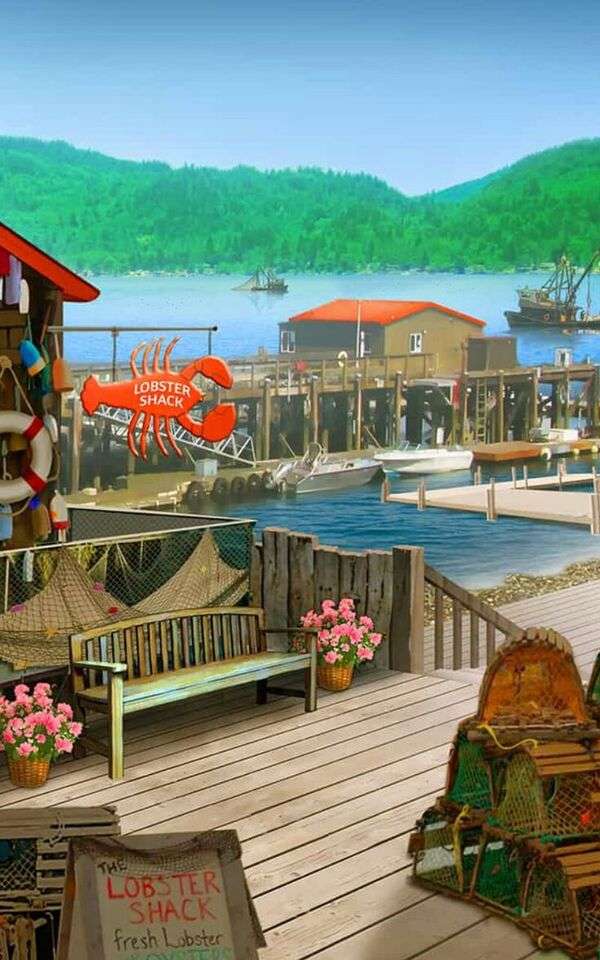 海岸にあるレストランと湖の景色 オンラインパズル