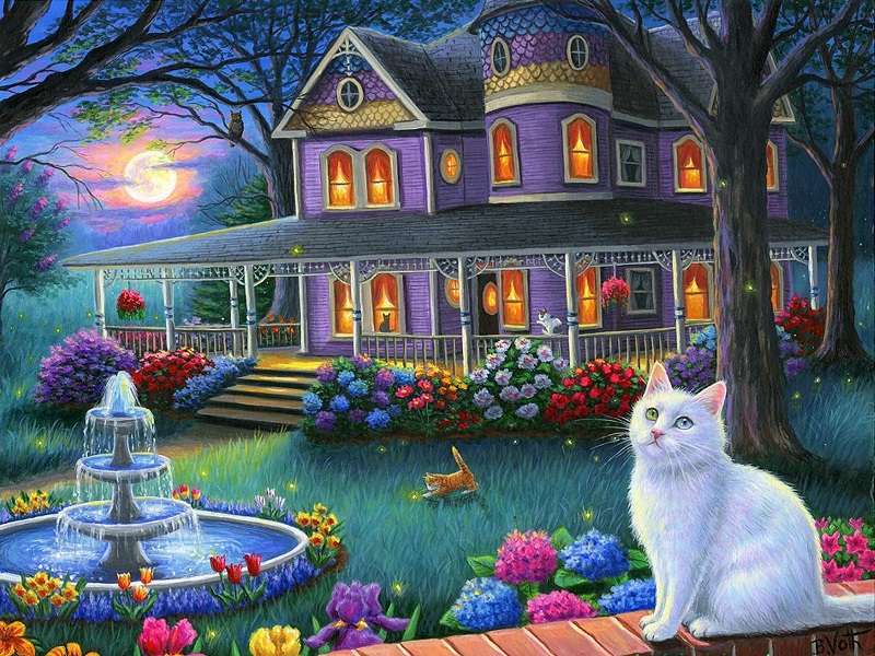 gatito blanco al lado de la mansión rompecabezas en línea