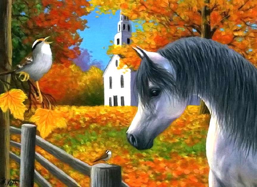 Pferd, das dem Gesang des Vogels lauscht Puzzlespiel online