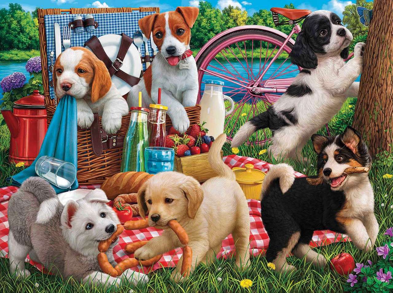 Cuccioli su un picnic puzzle online