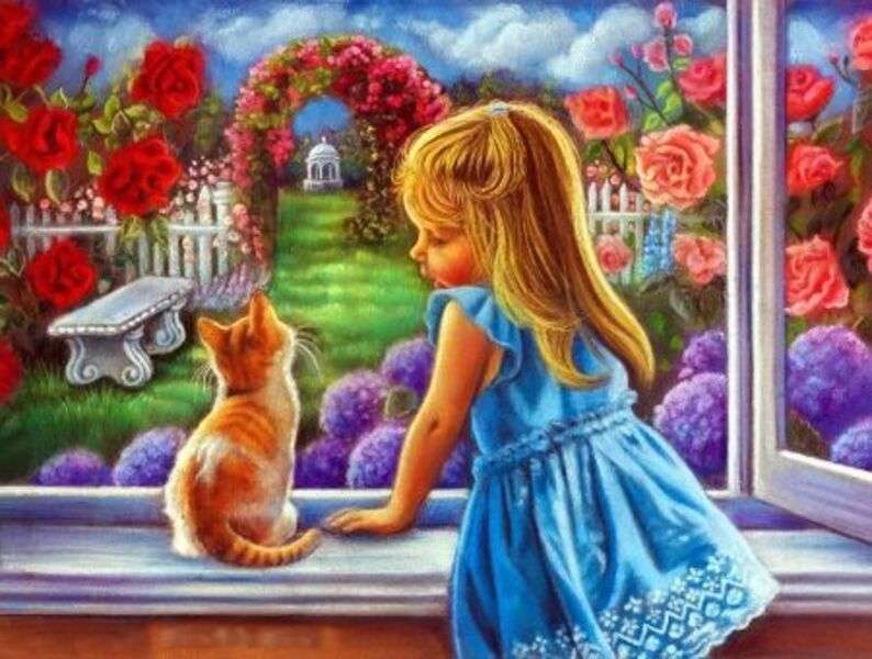 Klein meisje met kitten bij het raam legpuzzel online