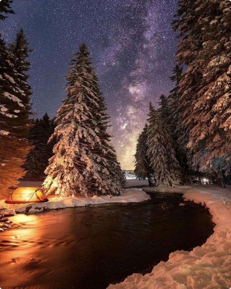 Zima, řeka v noci skládačky online