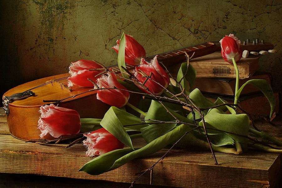 bukett rosor och fiol Pussel online