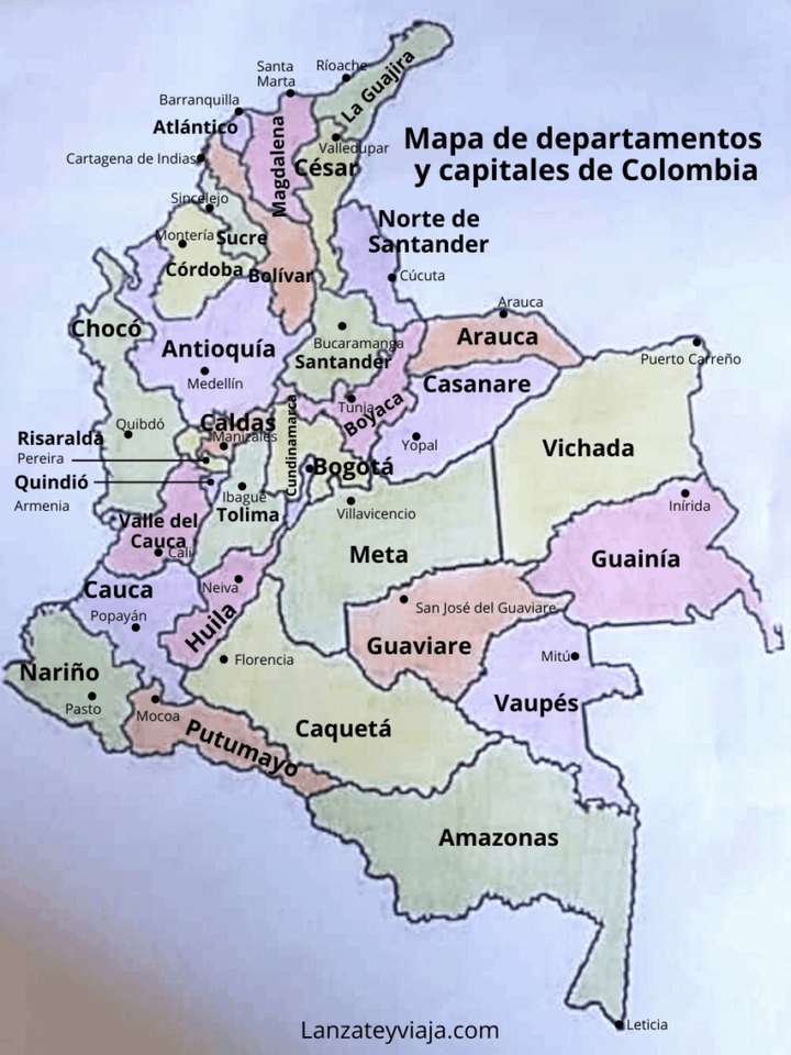 mapa Kolumbie s jejími odděleními a hlavními městy skládačky online