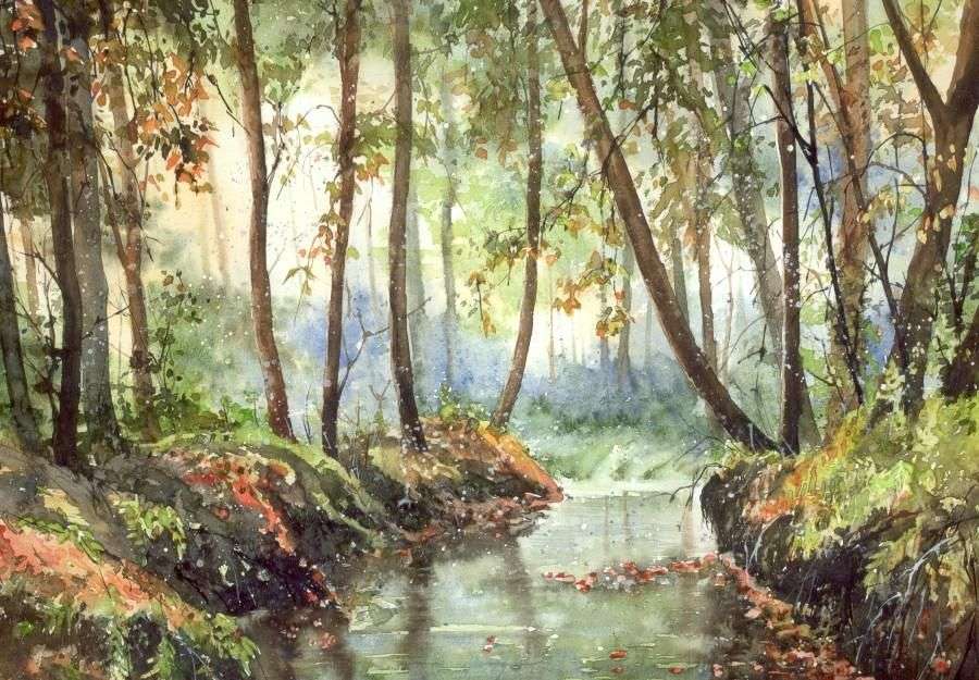 Akvarell - táj, erdő kirakós online