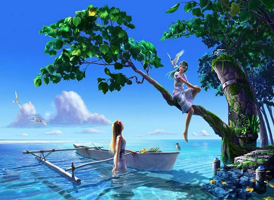 Frau kletterte auf einen Baum am Meer Puzzlespiel online