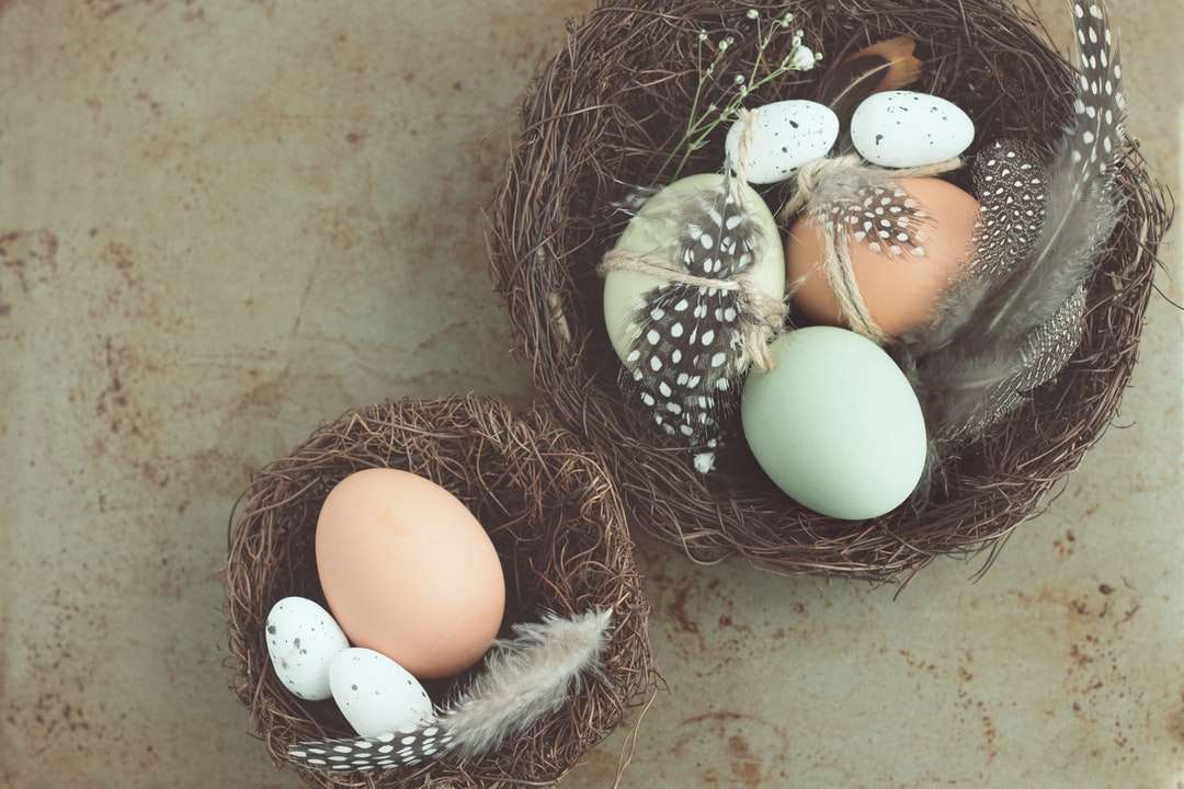 πέντε λευκά και καφέ αυγά πουλερικών παζλ online