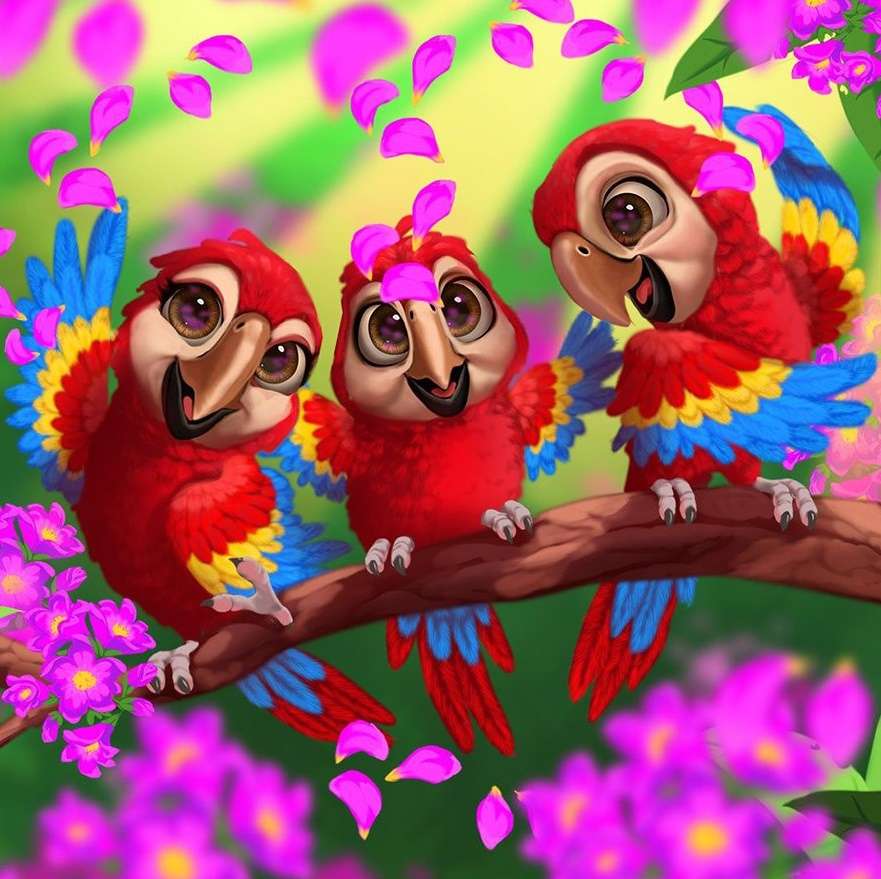 три разноцветных попугая пазл онлайн