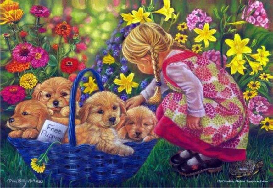 Little girl petting puppies jigsaw puzzle online