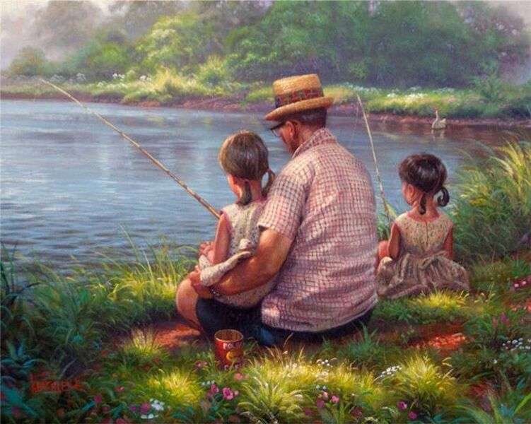 Дідусь і внучки ловлять рибу онлайн пазл