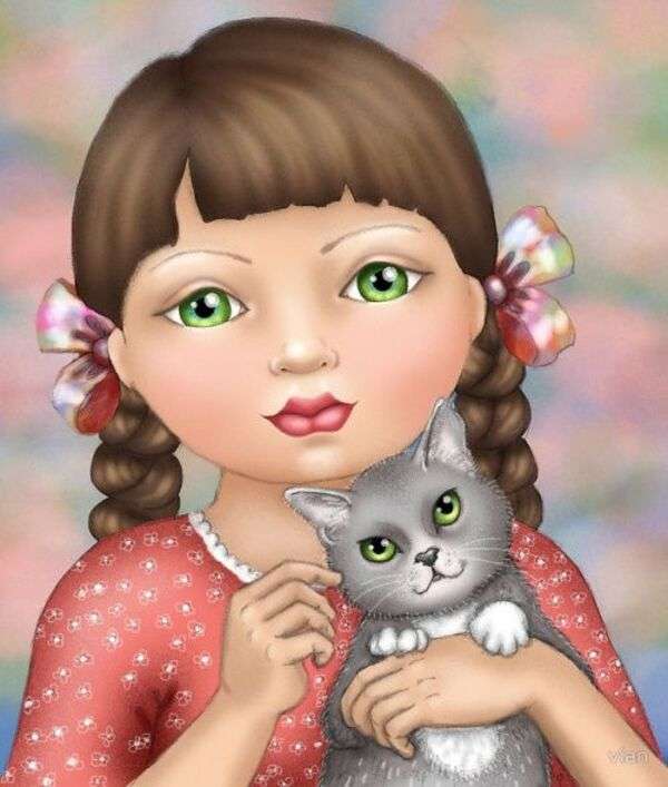 Девушка-дива с котенком онлайн-пазл