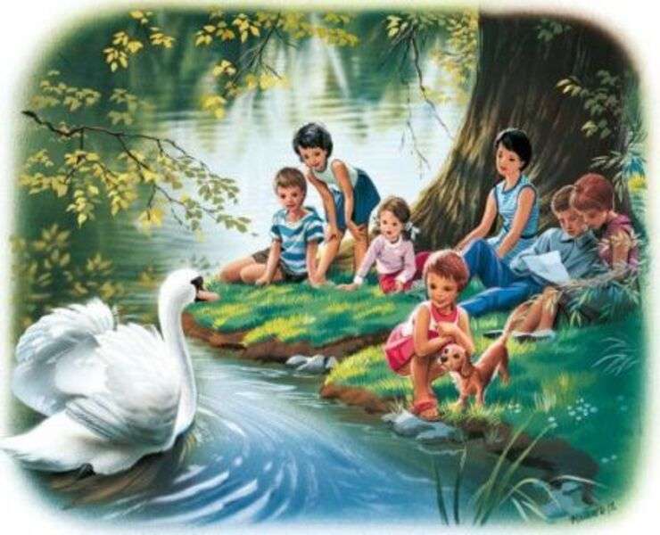 Дети смотрят на лебедя в озере пазл онлайн