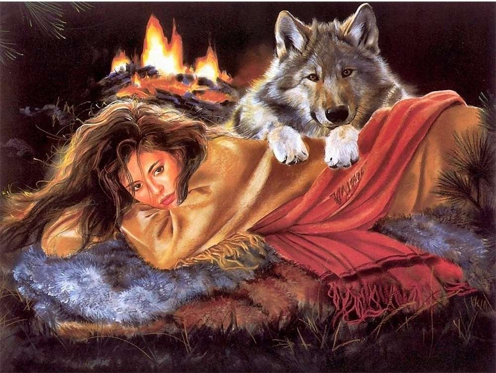 mulher reclinada com lobo quebra-cabeças online