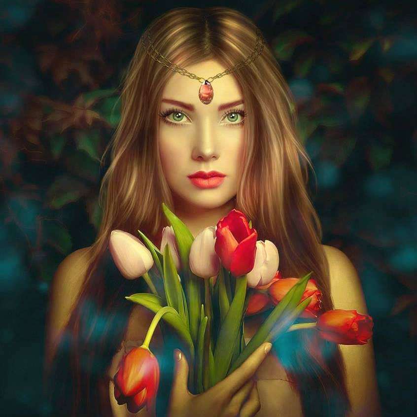 vrouw met gekleurde tulpen legpuzzel online