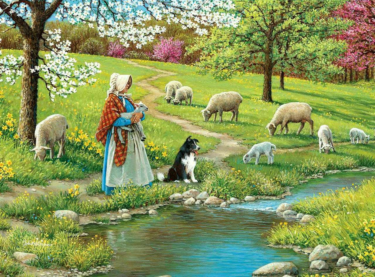 羊の群れの世話をしている羊飼い オンラインパズル