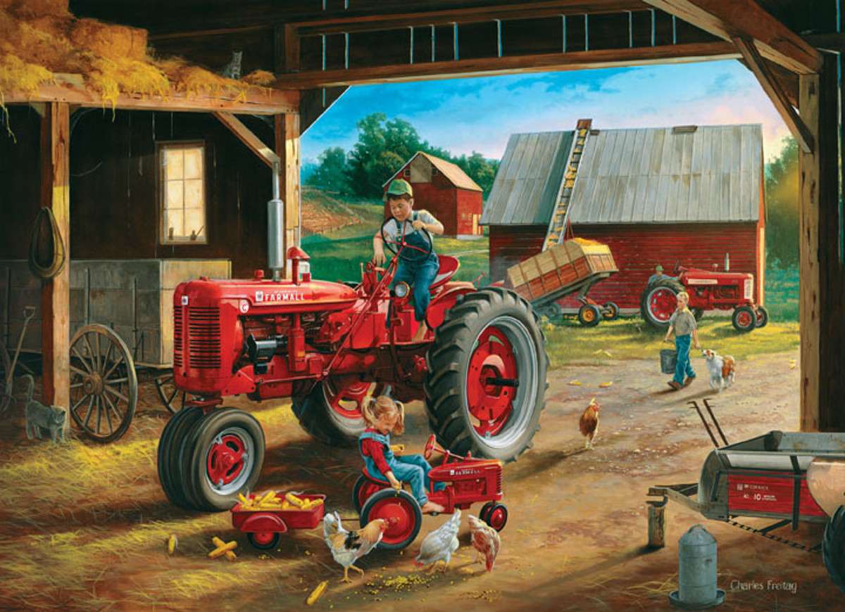 Kinder auf rotem Traktor Online-Puzzle