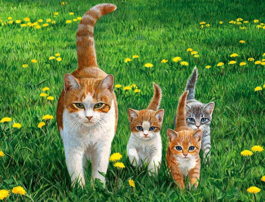 kattfamilj, mamma och hennes tre små barn pussel på nätet