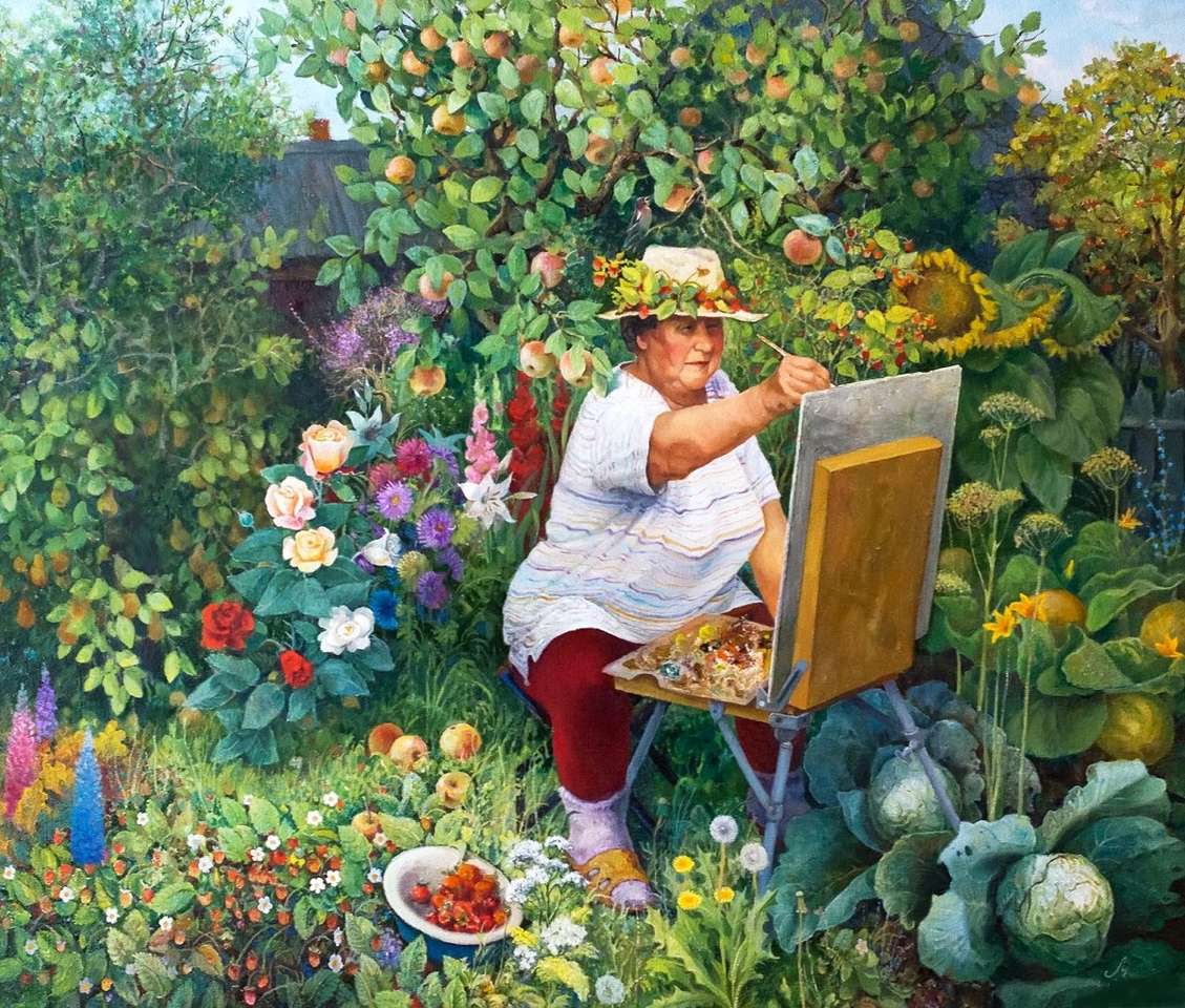 庭で絵を描く女性 ジグソーパズルオンライン