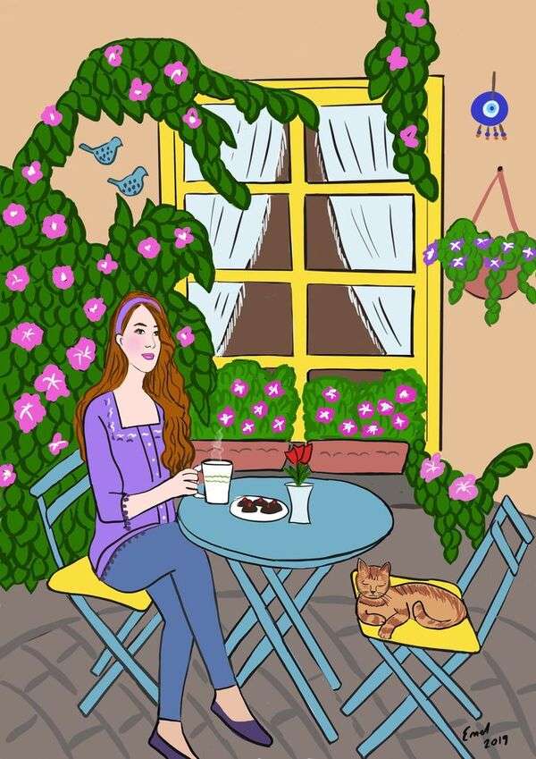 Fata bea cafea pe terasa ei jigsaw puzzle online