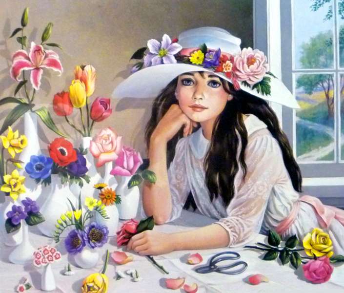 花の花束を準備する女の子 ジグソーパズルオンライン